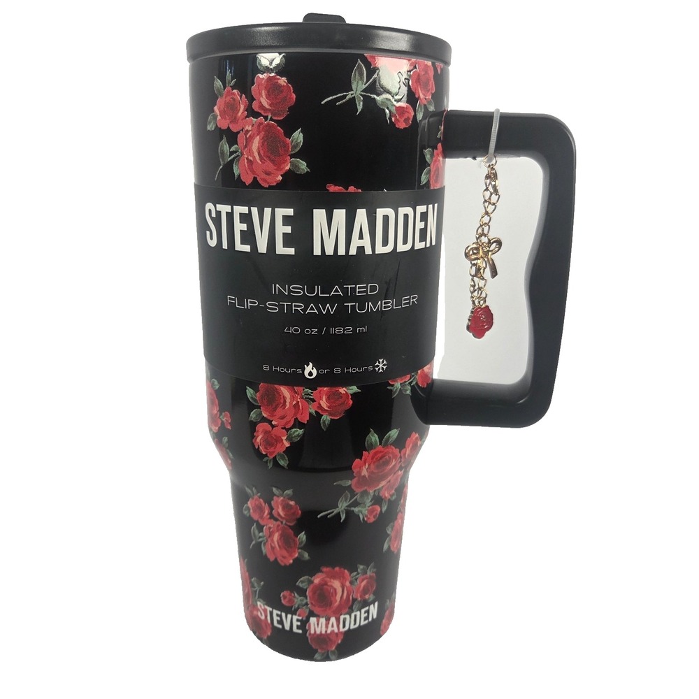 Steve Madden Tumbler 40 oz Black Red Rose Floral Flip Straw Handle Charm New